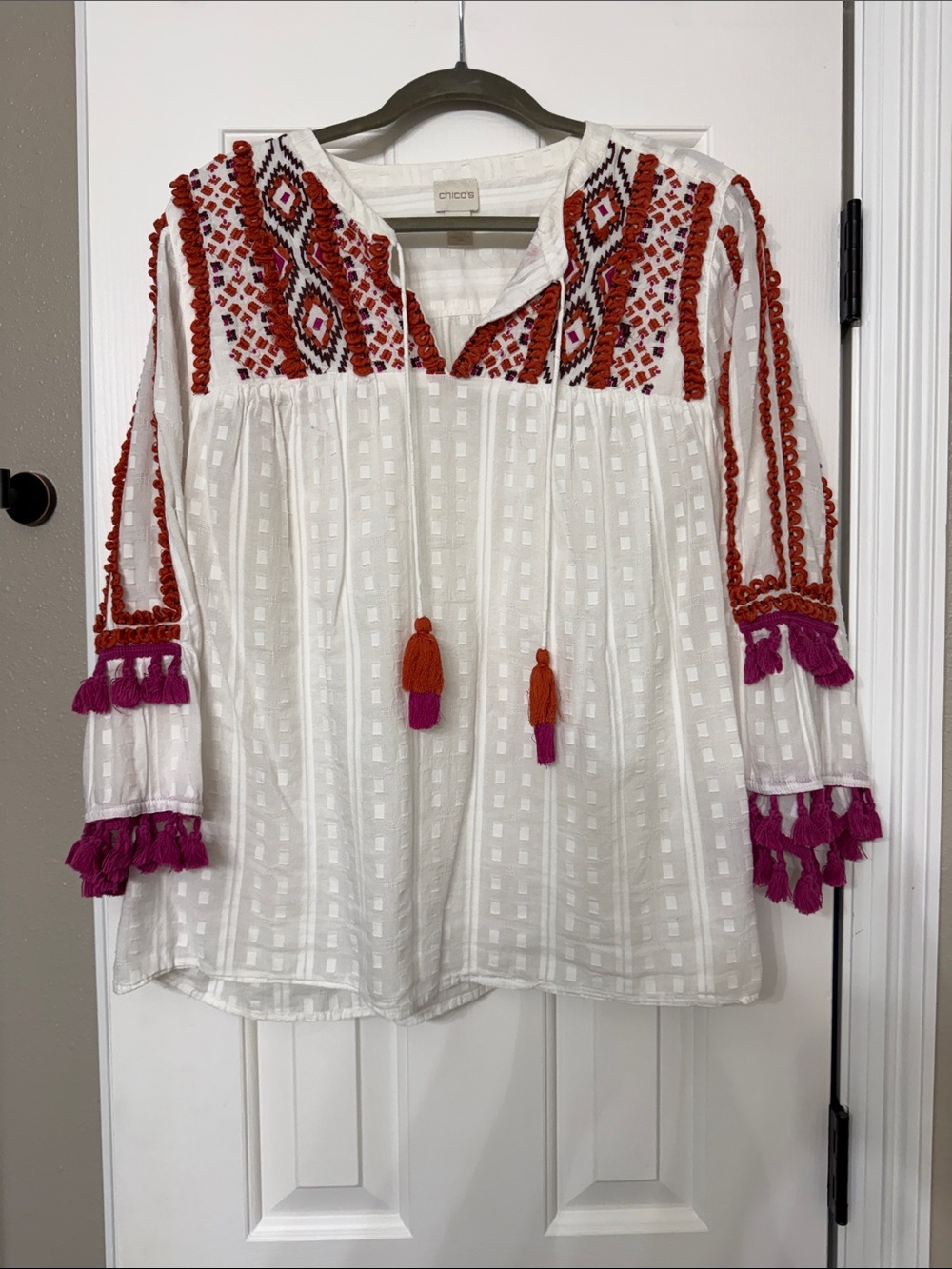 Chico's White Tunic with Red and Fuchsia Embroidery